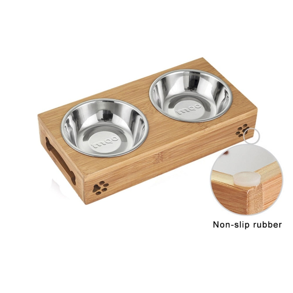 Limited Sales Cat Dog Pet Stainless Steel/Ceramic Feeding and Drinking Bowls Combination with Bamboo Frame for Dogs Cats - Go Bagheera