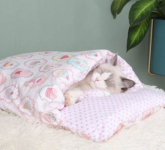 Japanese Cat Bed Winter Closed Removable Washable Warm Dog Sleeping Bag Deep Sleep Dog Cushion House Cats Nest Beds with pillow - Go Bagheera