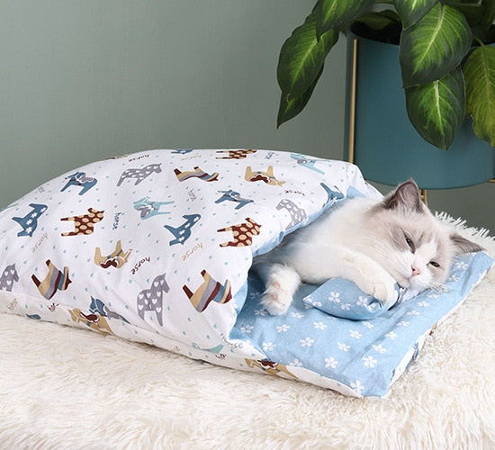 Japanese Cat Bed Winter Closed Removable Washable Warm Dog Sleeping Bag Deep Sleep Dog Cushion House Cats Nest Beds with pillow - Go Bagheera