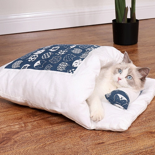 Japanese Cat Bed Winter Closed Removable Washable Warm Dog Sleeping Bag Deep Sleep Dog Cushion House Cats Nest Beds with pillow - Go Bagheera